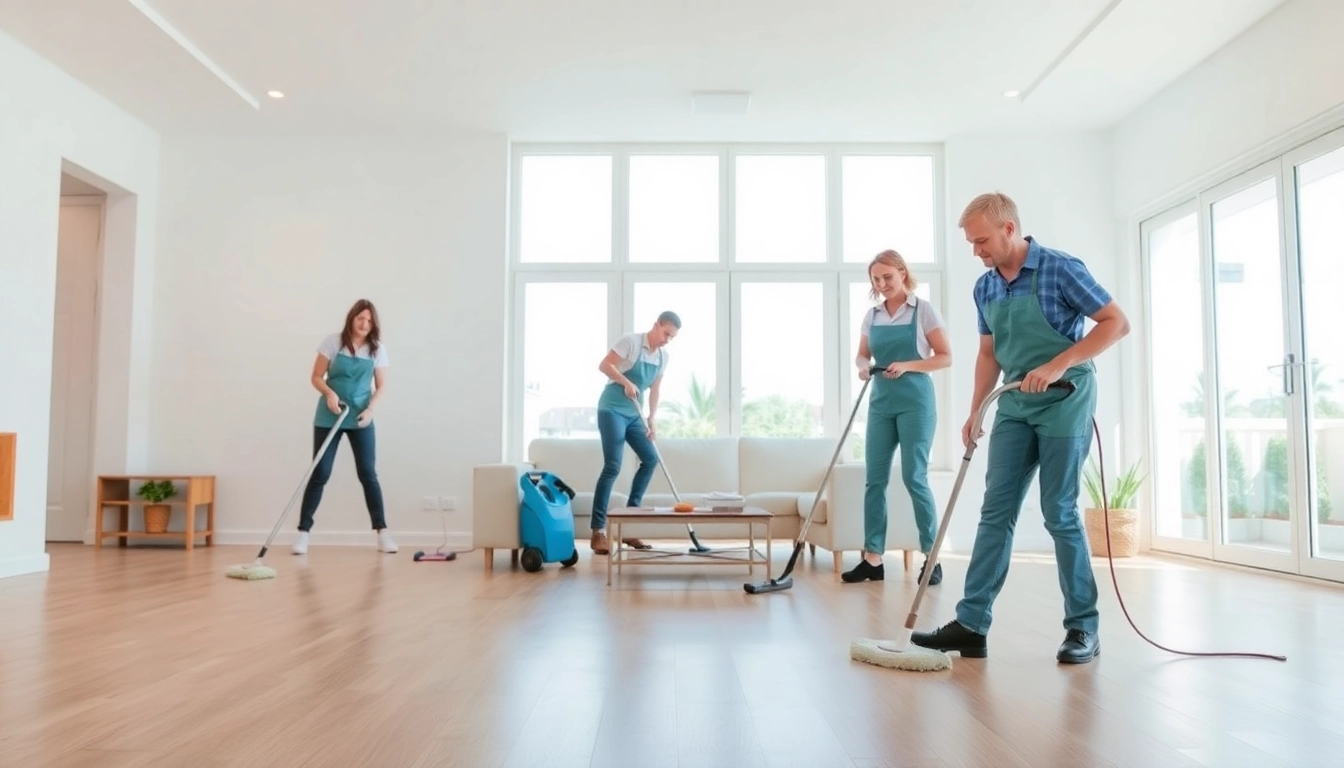 Team performing thorough bond cleaning in a pristine living room setting.