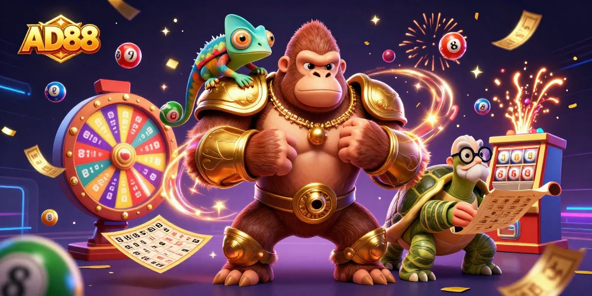 Engage with the vibrant action of AD88 as lottery balls bounce amidst a dynamic casino scene.