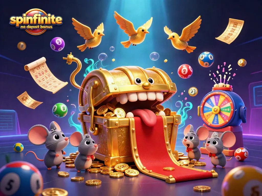 Spinfinite casino no deposit bonus: uncover 3,000 Gold Coins for gaming without deposit, featured in vibrant 3D illustration.