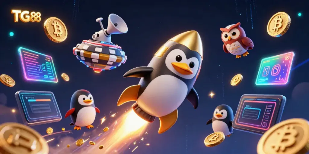 Experience TG88's excitement with a vibrant 3D cartoon illustration of gambling in space featuring a golden penguin.