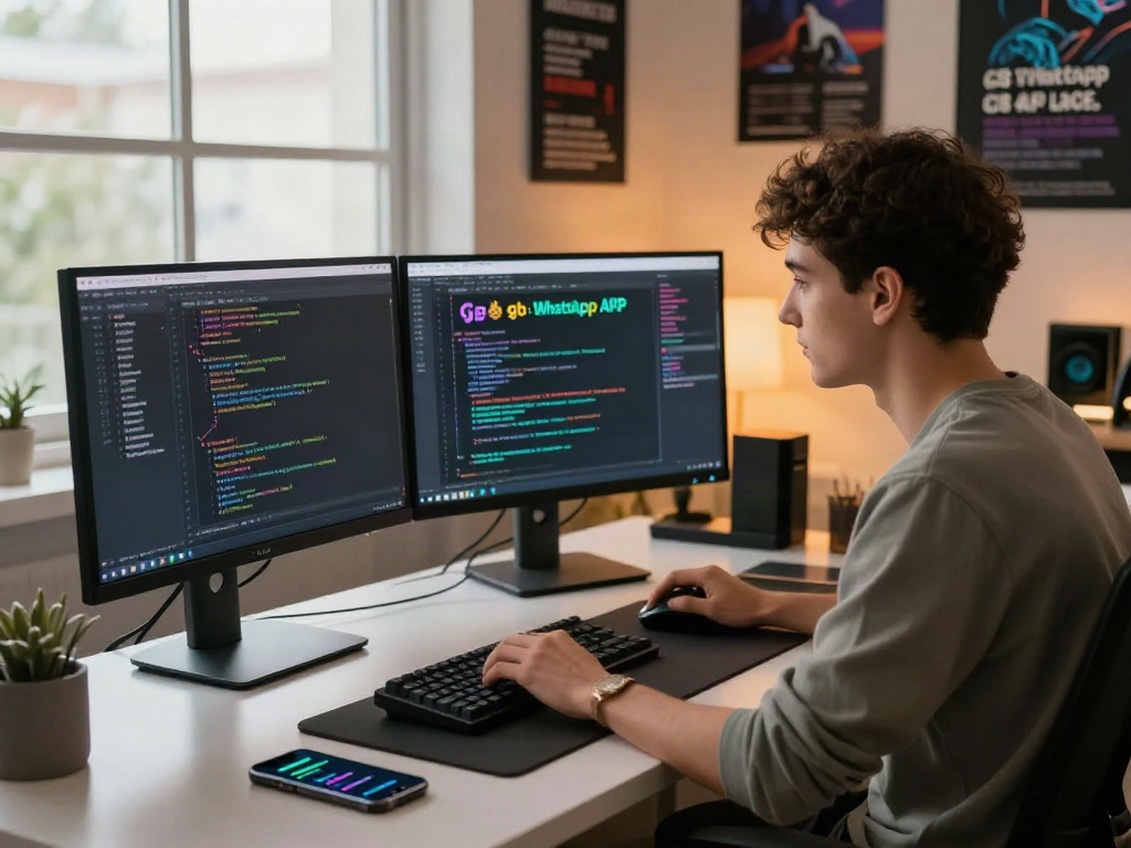 Developer focused on gb whatsapp apk coding in a modern workspace, showcasing vibrant tech tools.