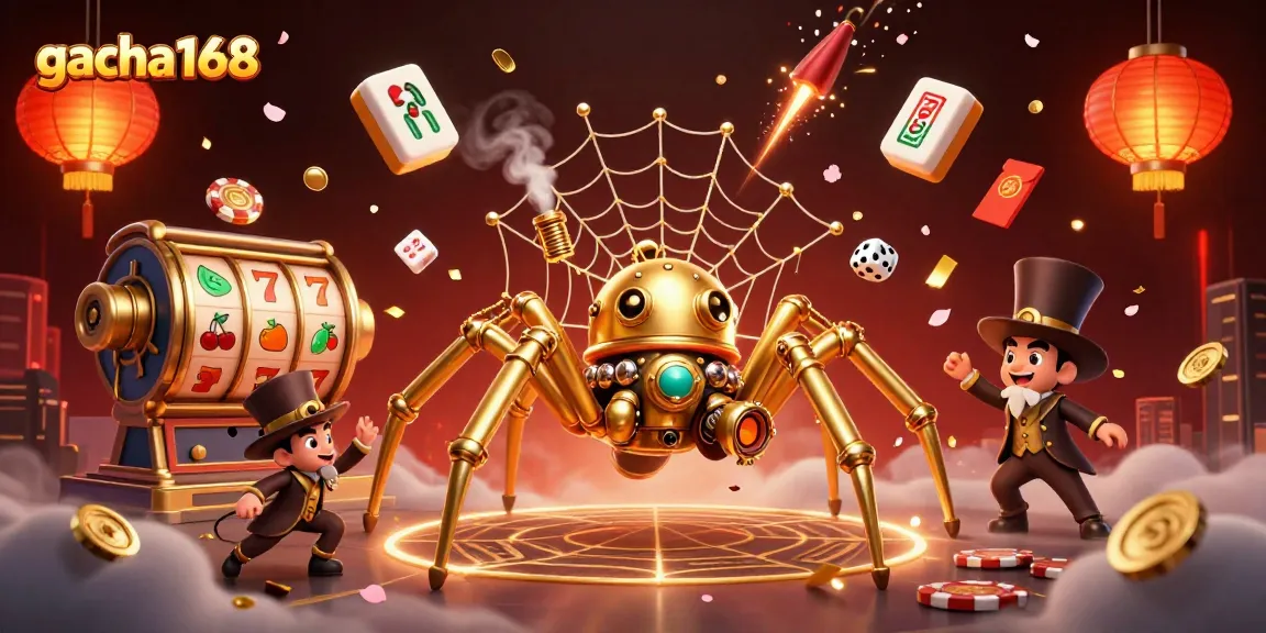 Engage with gacha168 as a 3D steampunk spider weaves a web of casino luck.