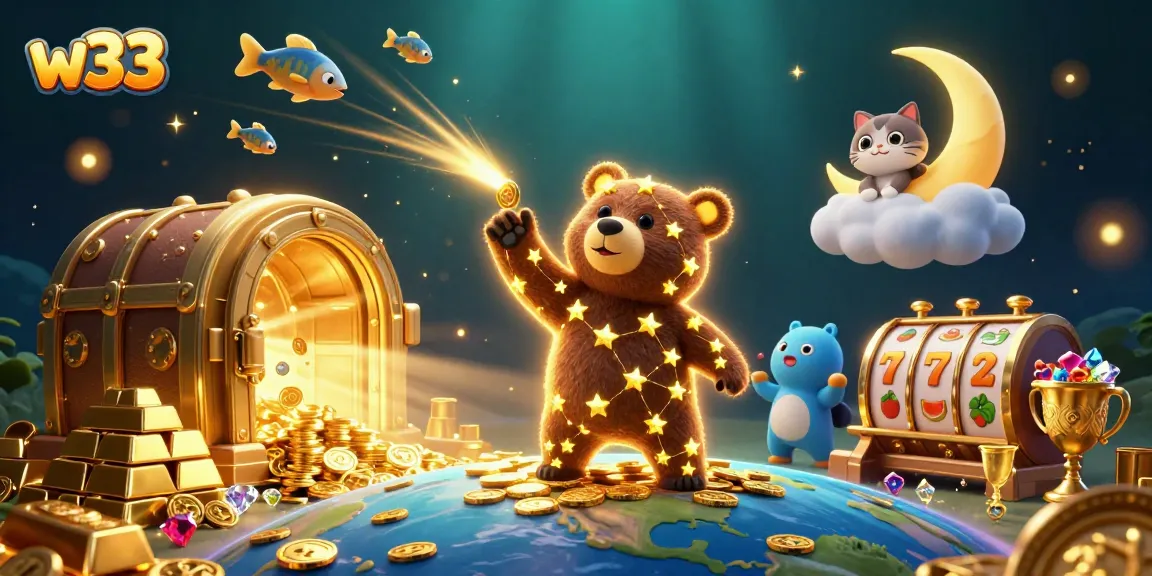 w33 players scoop coins from the fantastic casino wonderland in this dazzling 3D illustration.
