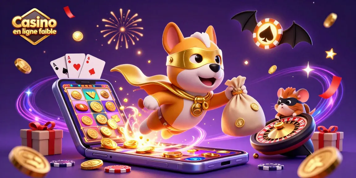 Engage with Casino en ligne fiable through an exciting cartoon illustration of a superhero dog and hamster among dynamic gaming elements.
