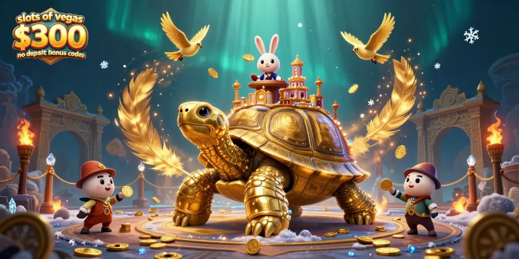 Engage with slots of vegas $300 no deposit bonus codes, featuring a lively 3D tortoise casino scene.