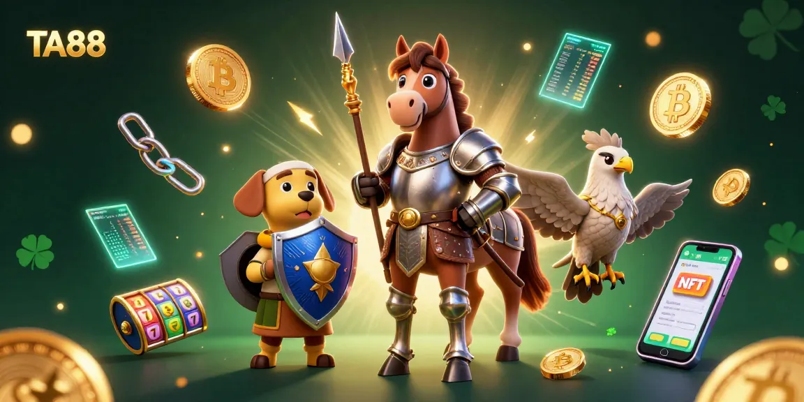 Spin the reels at TA88 with a knight and puppy amidst digital riches and slot symbols.