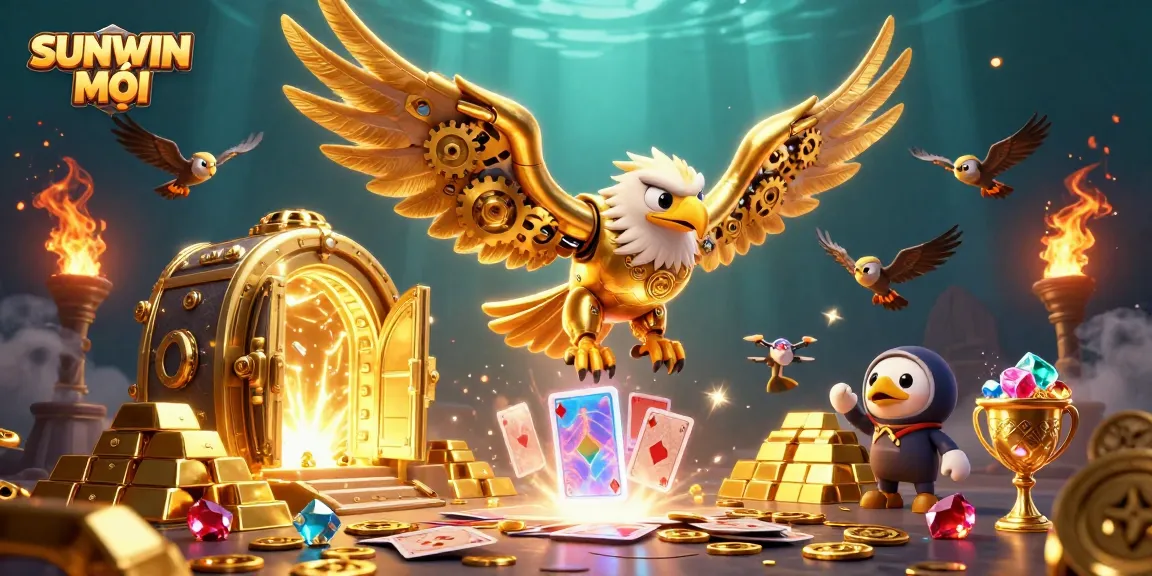 SUNWIN MỚI showcases a thrilling 3D scene with a cybernetic eagle amidst glittering casino treasures.
