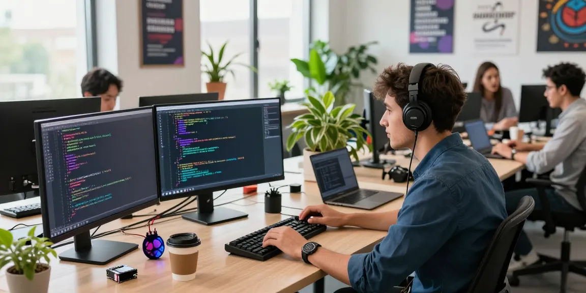 Developer coding at a tech workspace showcasing 456bd tools and collaboration.
