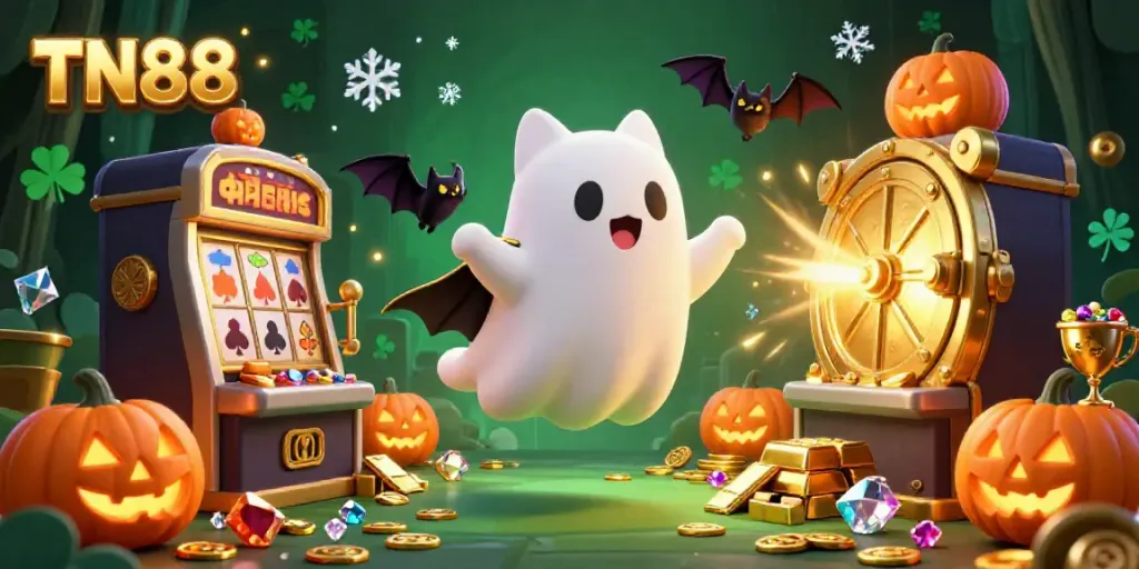 Join the fun at TN88 with a friendly ghost cat and bat in a lively casino scene filled with treasures.