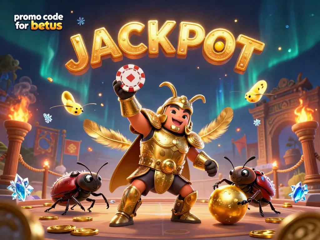 Spin for wins with promo code for betus, a vibrant gambling scene featuring winning beetles and rich casino elements.