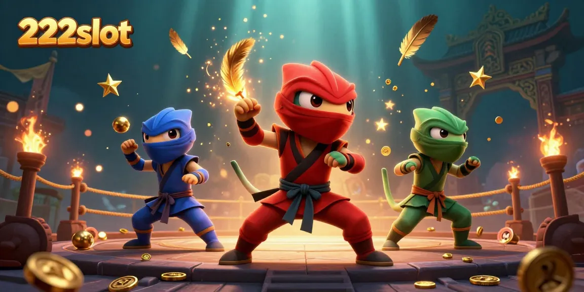 Geng ninja chameleon bersenang-senang di 222slot dengan pose seni bela diri dan efek kasino.