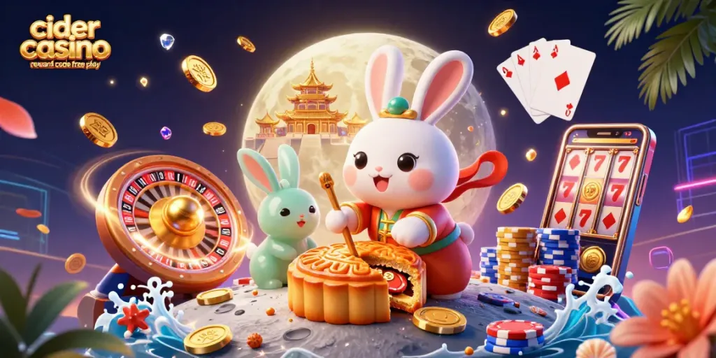 Experience the excitement of cider casino reward code free play with vibrant 3D illustrations of magical symbols and currency.