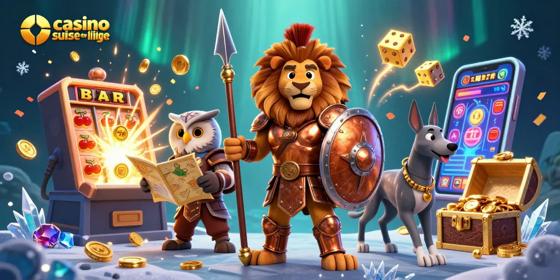 Jeu actif au casino suisse en ligne avec un lion spartiate, une chouette tactique et un lévrier.
