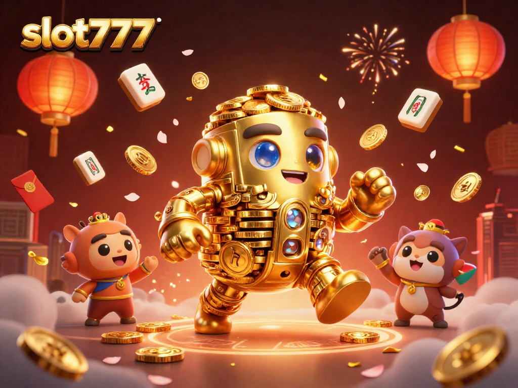Spin the excitement with slot777 in a vibrant 3D casino scene featuring a golden golem and festive symbols!