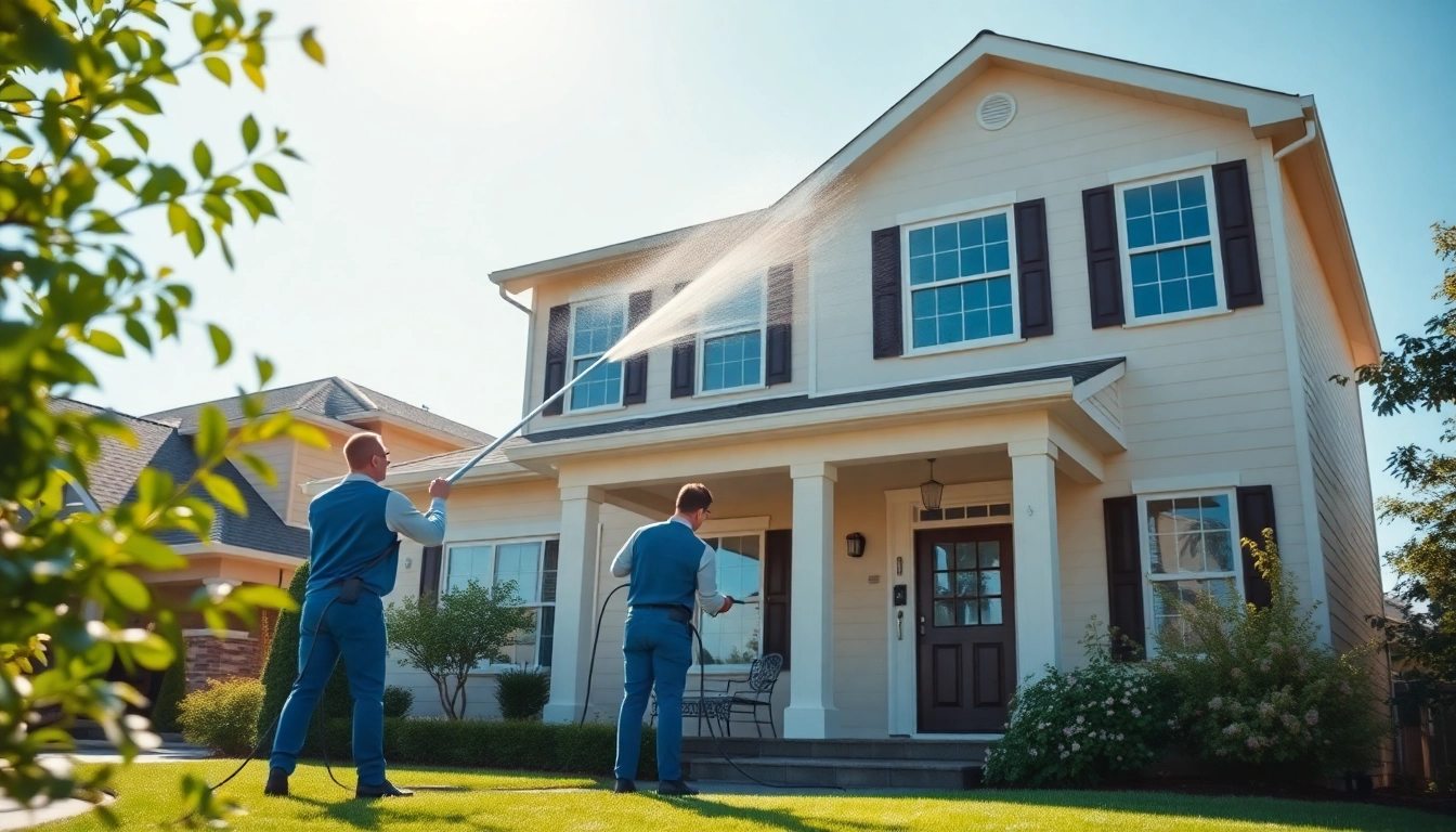 House Washing with a professional team cleaning a vibrant, two-story home in a suburban setting.