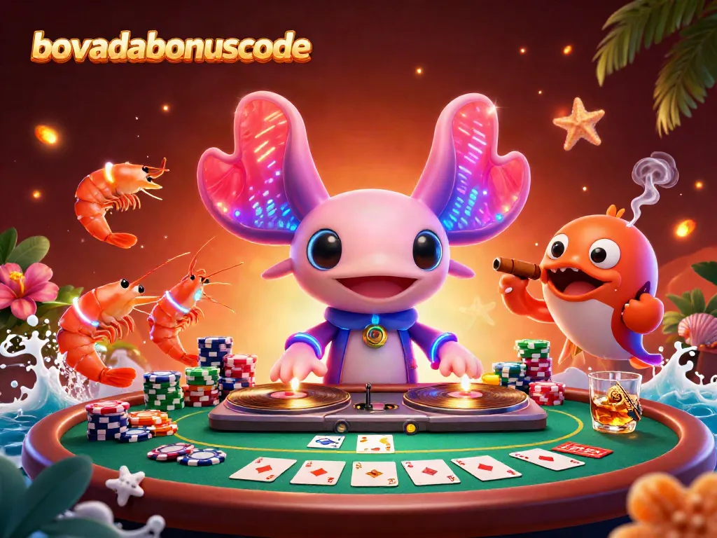 Engage with the latest bovadabonuscode while enjoying vibrant casino vibes with a neon axolotl DJ.