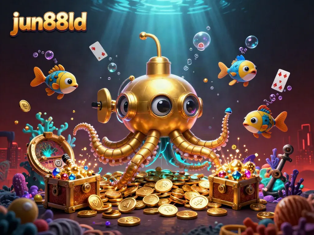 Engage in excitement at jun88ld with a golden kraken submarine amidst glittering treasures and vibrant casino themes.
