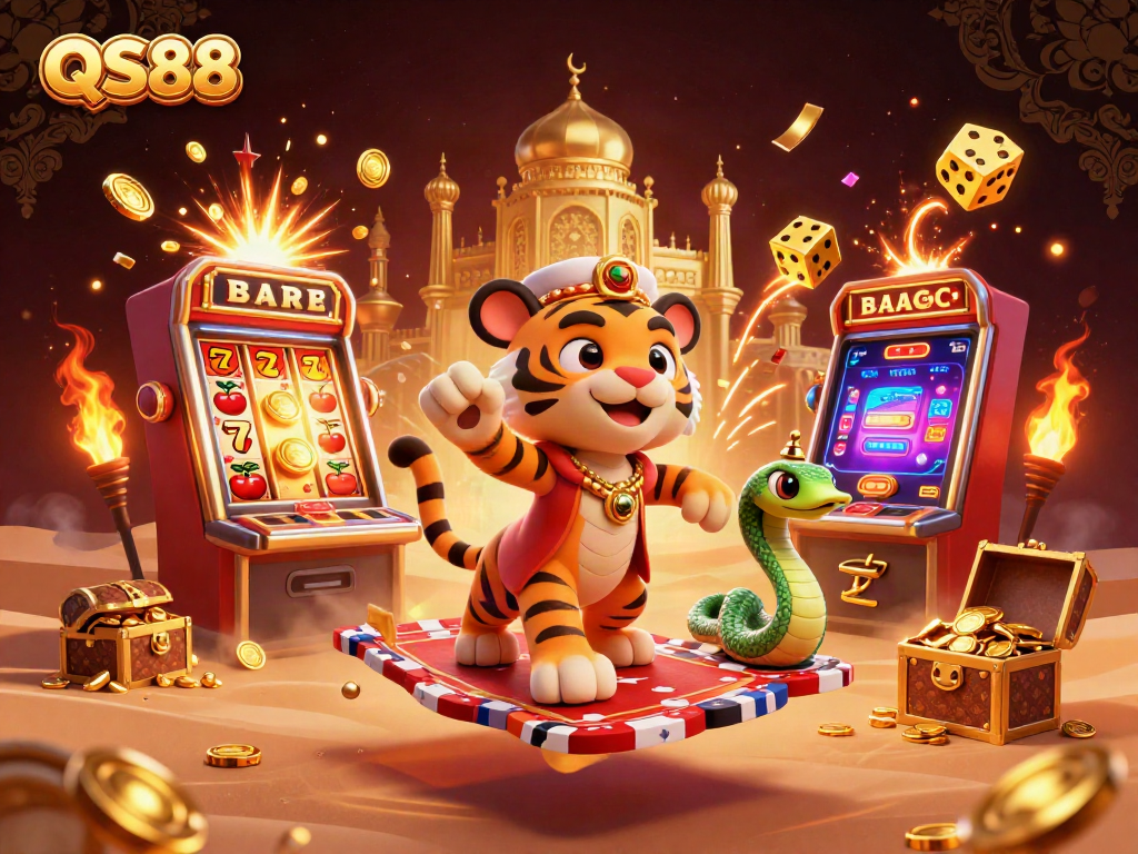 Experience the thrill of QS88's vibrant casino atmosphere featuring dynamic slot machines and cartoon characters.