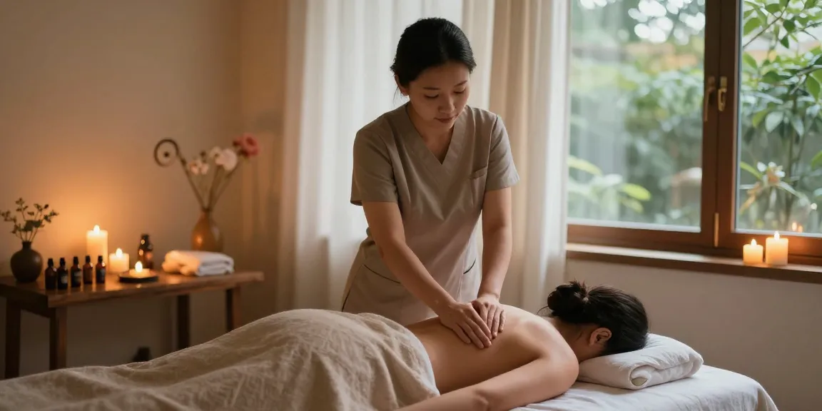 스웨디시 마사지 중인 모습, 조용한 마사지 스튜디오에서 편안한 분위기 조성