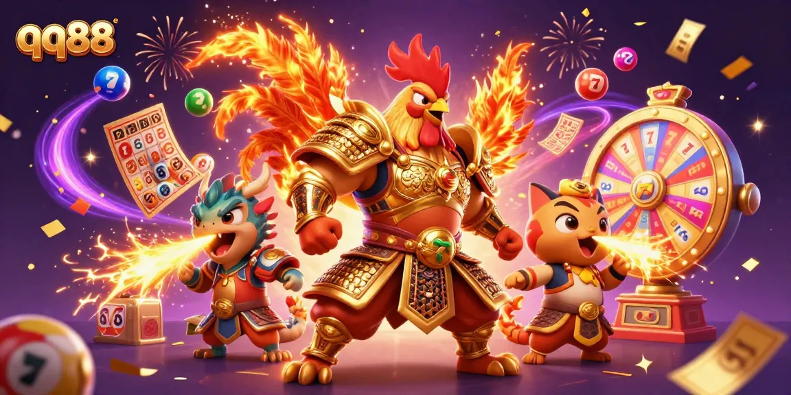 Engage with QQ88's vibrant gaming adventure featuring dynamic slot reels and powerful characters.