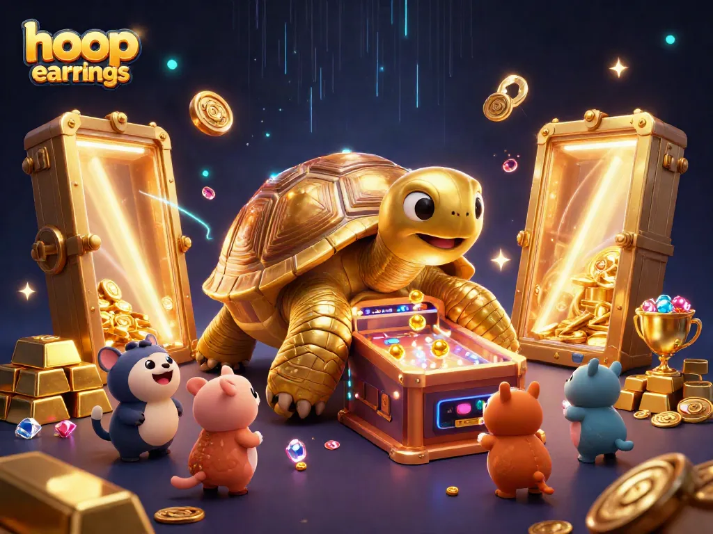 Exciting scene featuring hoop earrings amidst vibrant casino treasures and animated characters.