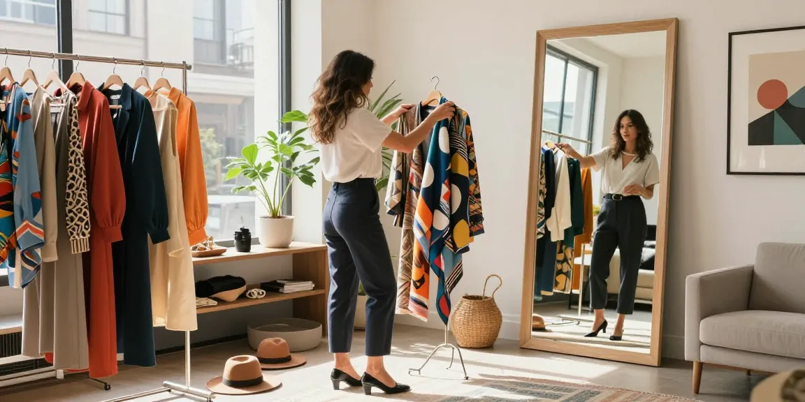 Consulenza d'immagine: donna elegante in ambiente urbano che esplora il suo guardaroba luminoso.