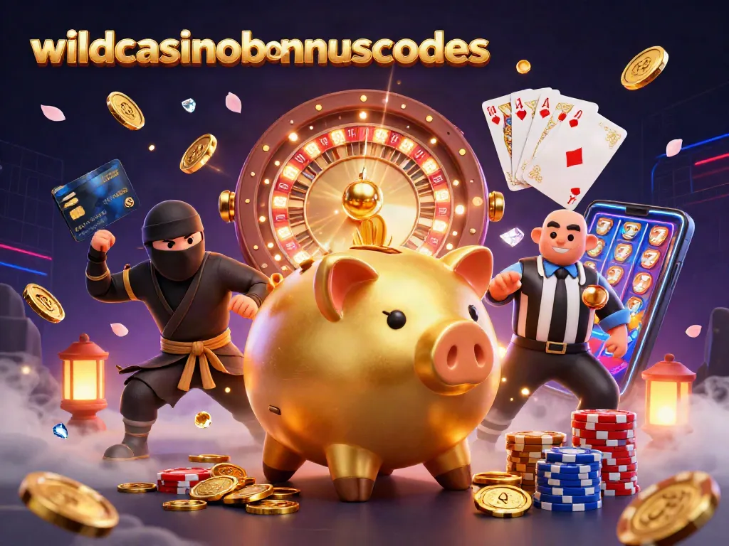 Playful scene showcasing wildcasinobonuscodes with a golden piggy bank sumo wrestler surrounded by vibrant casino elements.