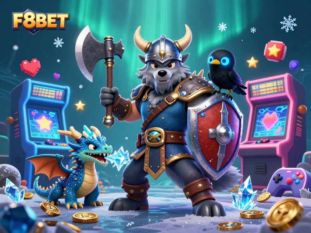 Experience thrilling gameplay with F8BET featuring a Viking warrior, dragon, and arcade games.
