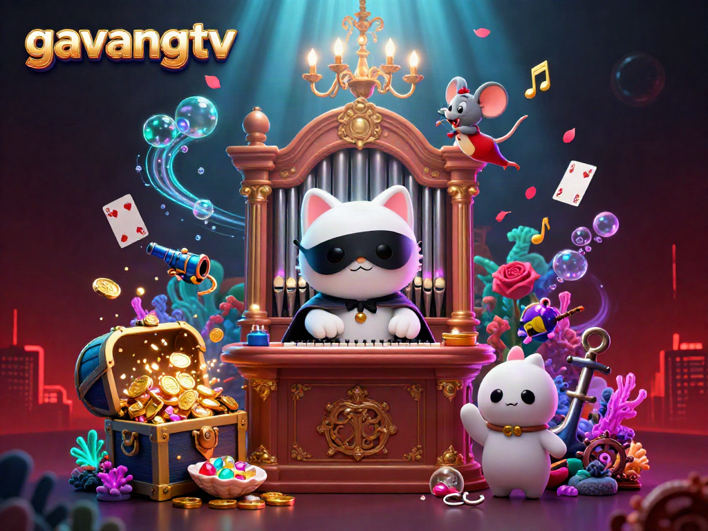 Experience thrill with gavangtv as the phantom cat plays on an ornate pipe organ in a vibrant casino scene.