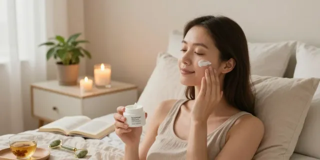 Woman applying Nigh Crème in serene bedroom for nighttime skincare.