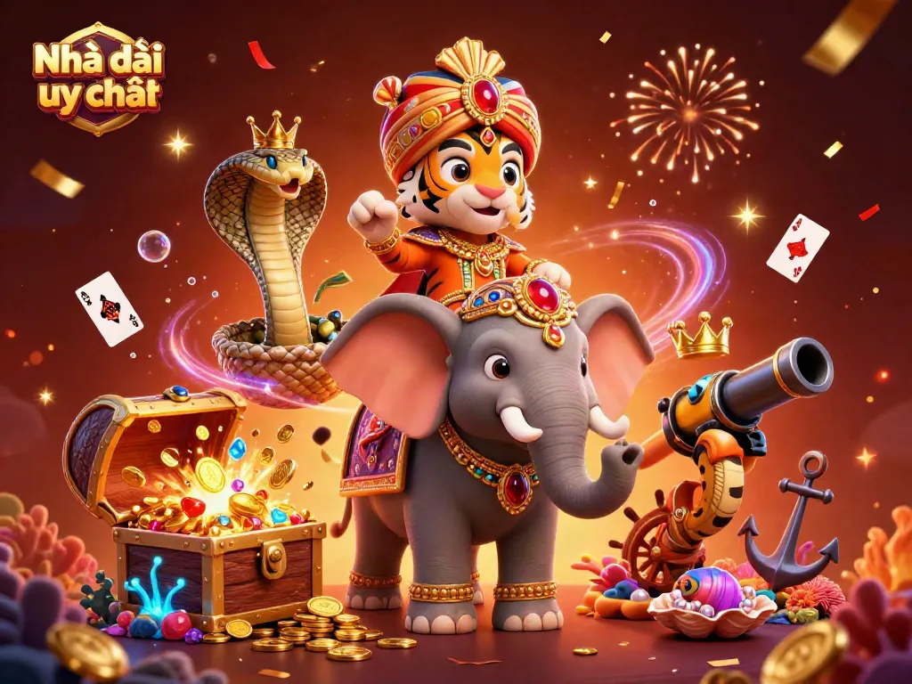 Engage with Nhà cái uy tín for thrilling casino adventures in a vibrant 3D illustration.