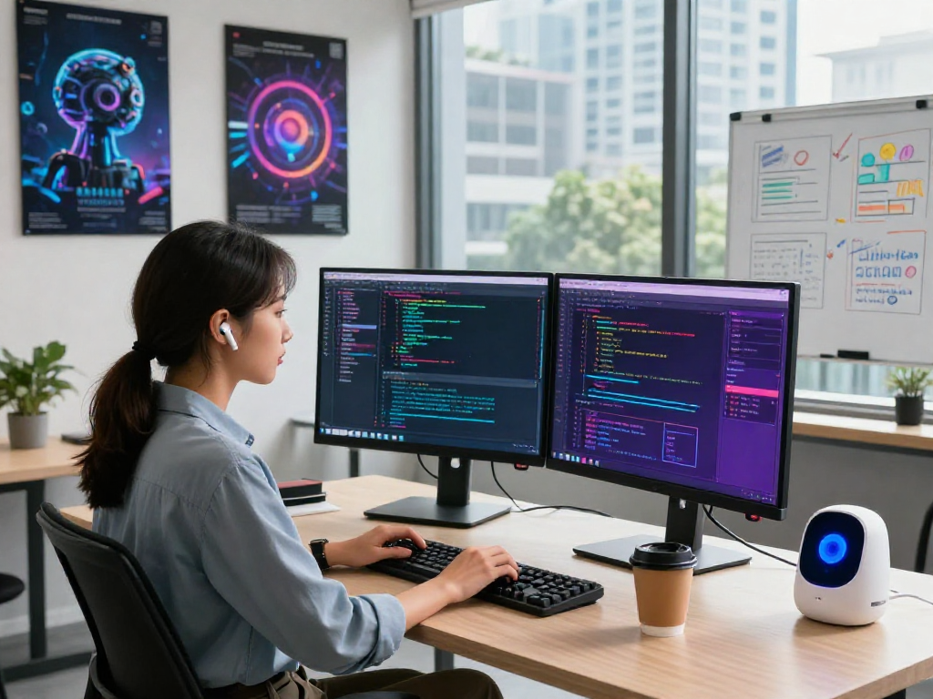 Programmer engaged in AI projects in a modern tech workspace, showcasing machine learning algorithms and digital creativity.
