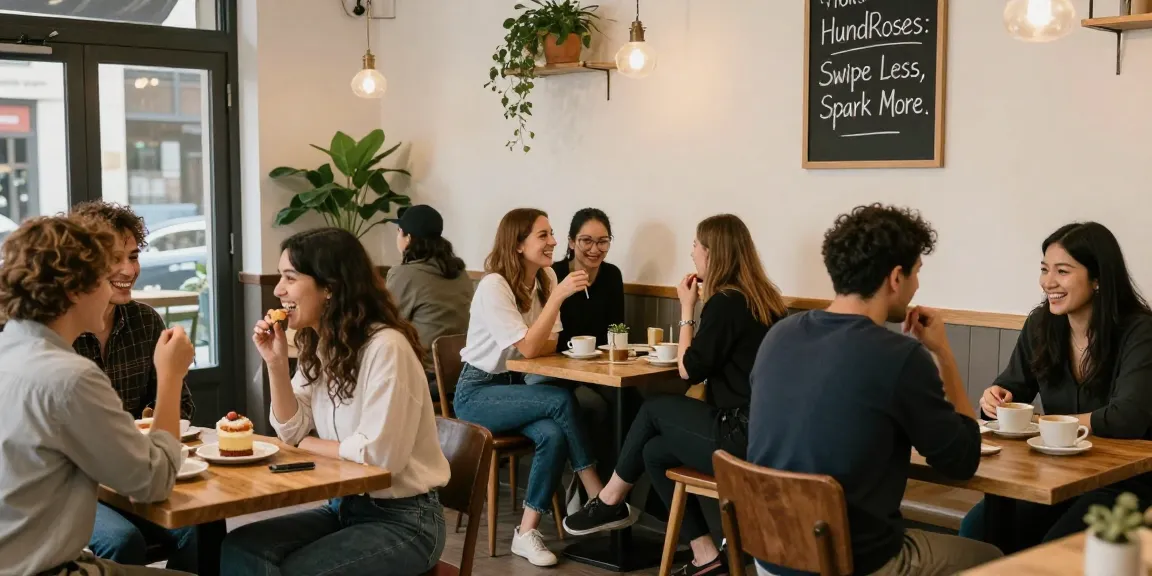 Singles connecting at a café representing HundRoses dating app experience.