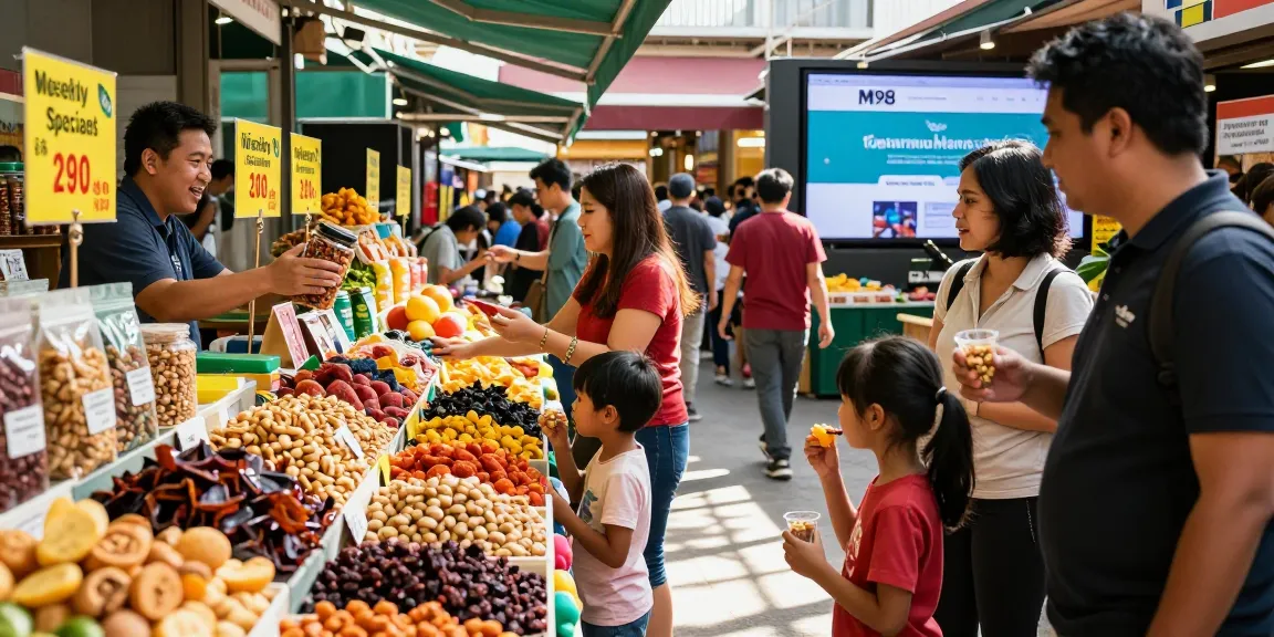 M98 สล็อตเว็บตรงไม่ผ่านเอเย่นต์ displayed in vibrant marketplace scene with shoppers engaged in exploring fresh nuts and dried fruits.