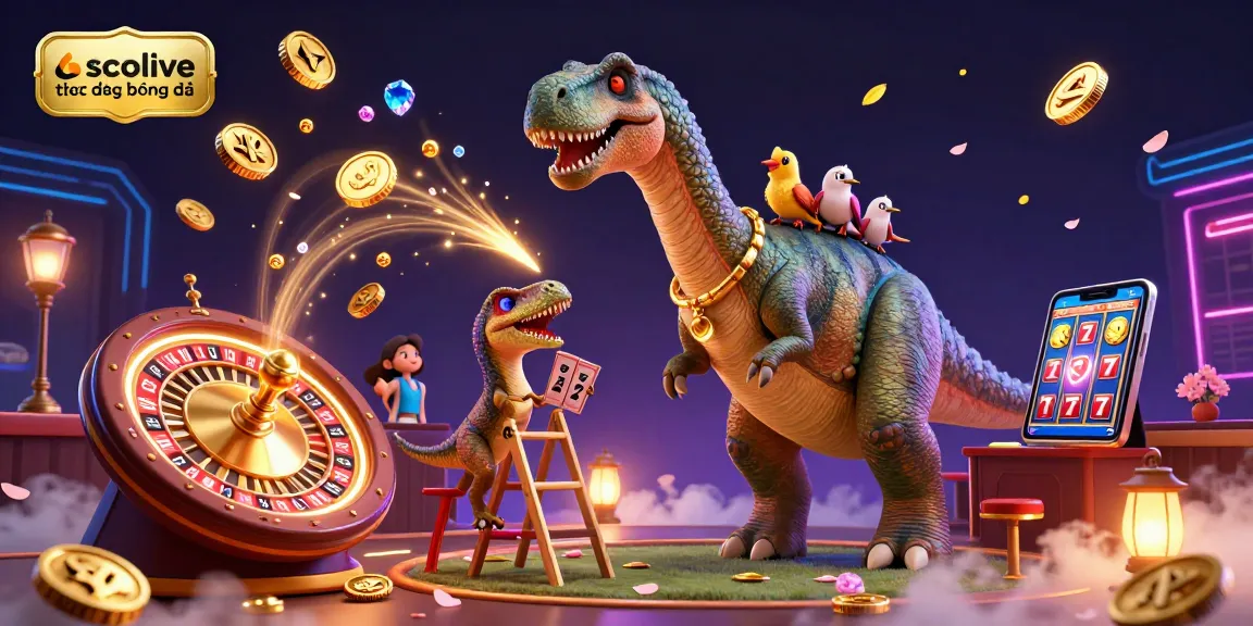 Engage with the exciting socolive trực tiếp bóng đá scene, featuring a colorful brontosaurus in a lively sports-betting lounge.