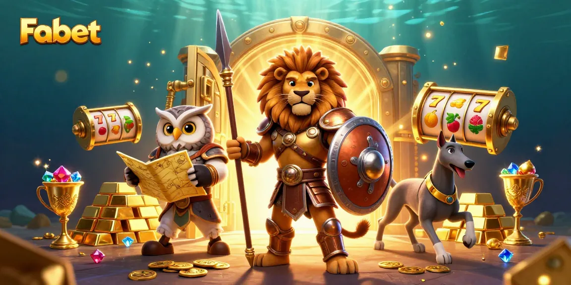 Fabet's animated slot reels sparkle with gold as characters stand ready for gaming action.