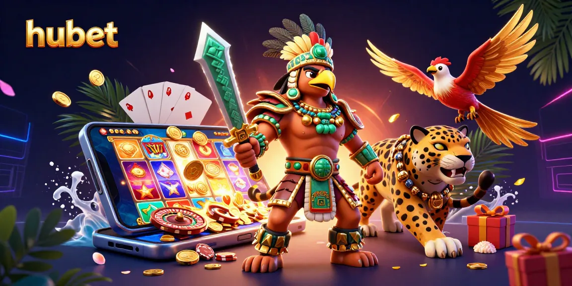 Experience thrills at hubet with 3D Aztec warriors and a vibrant casino scene.