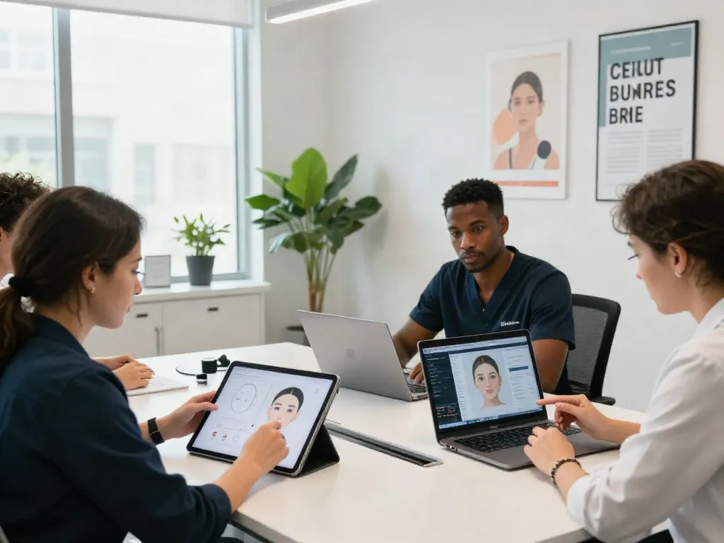 Alternatives to QOVES analysis space with beauty specialists discussing reports and technology.