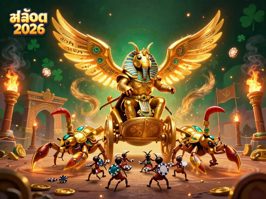 Experience thrilling gameplay with สล็อต 2026 in a vibrant 3D casino scene featuring a golden beetle and scorpions.