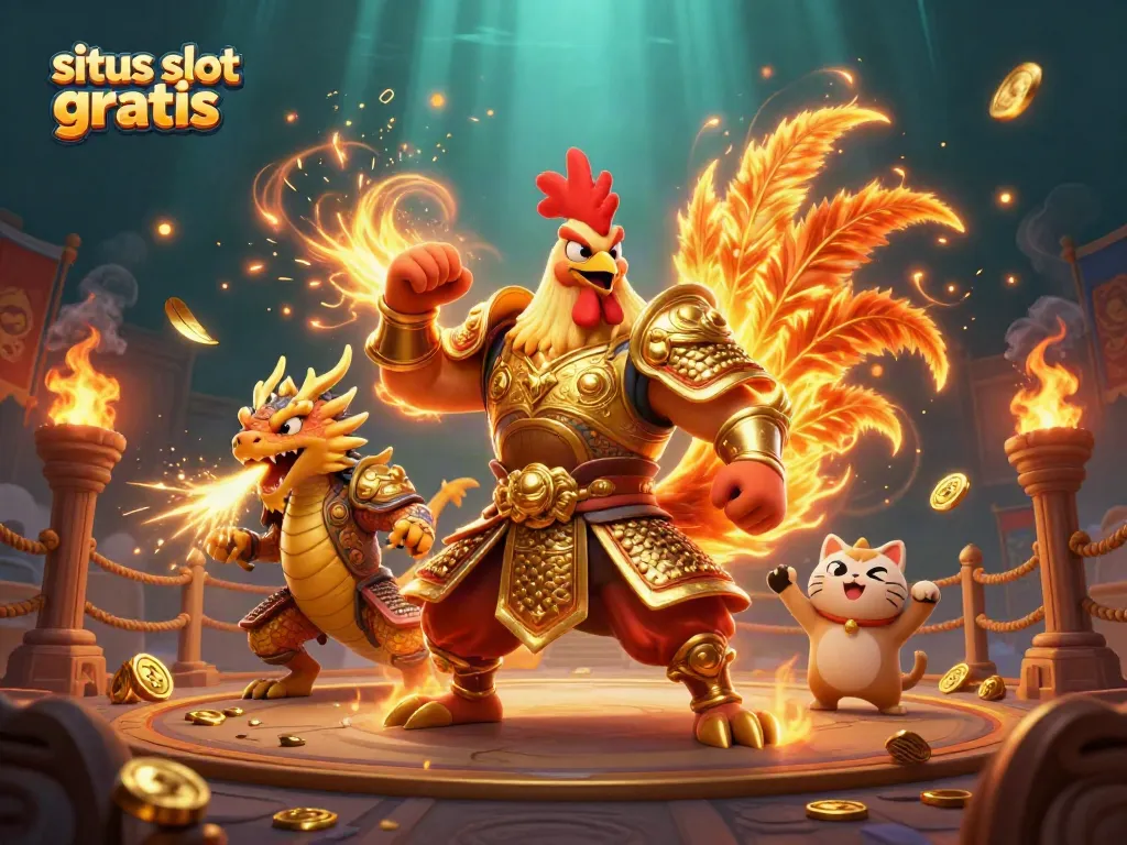 Engage in thrilling gameplay with situs slot gratis as a powerful rooster warrior battles with a dragon hatchling.