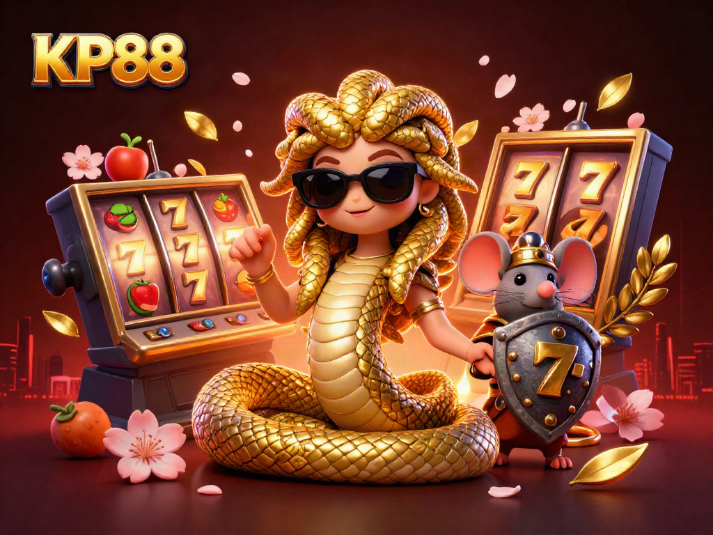 Play exciting slot machines at KP88 with Medusa and a warrior mouse amidst vibrant casino elements.