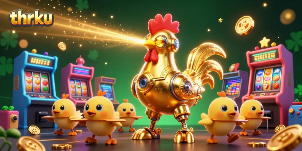 Engage in thrilling gaming at thrku with an electrifying retro-futuristic casino scene.