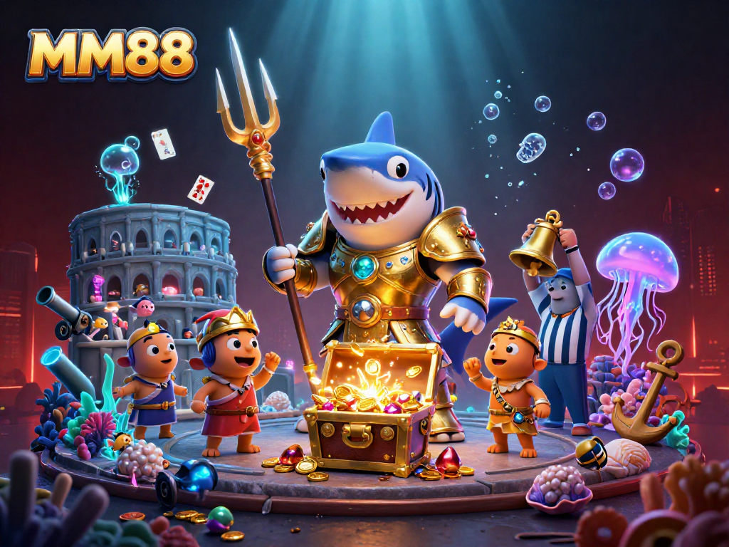 Join the MM88 adventure as a shark gladiator battles for treasure in a vibrant casino under the sea.