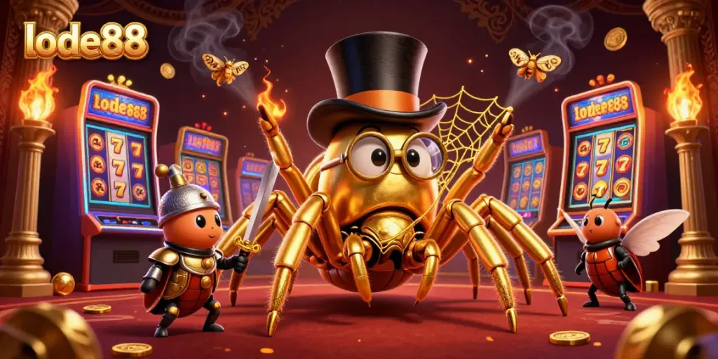 Join the excitement at lode88 with a golden tarantula and beetle knight amid vibrant slot machines.