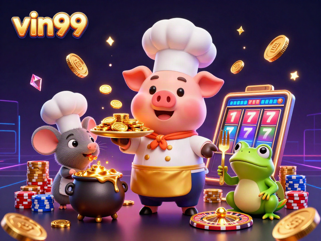 Experience excitement at vin99 with a chef pig serving gold coins amidst casino elements.