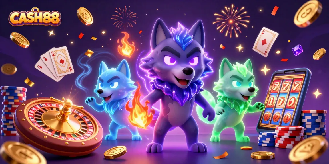 CASH88 showcases an exciting online casino atmosphere with a shadow wolf leader and 3D game elements.