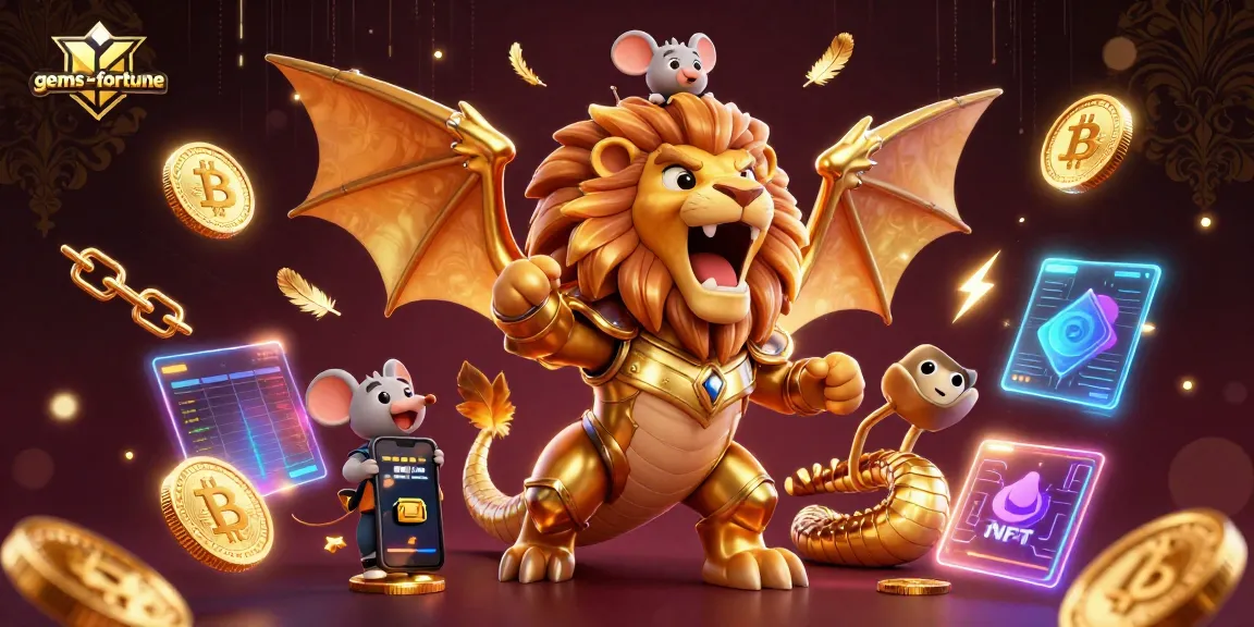 Win huge rewards with gems-fortune in this exciting 3D casino illustration featuring vibrant characters and cryptocurrency elements.
