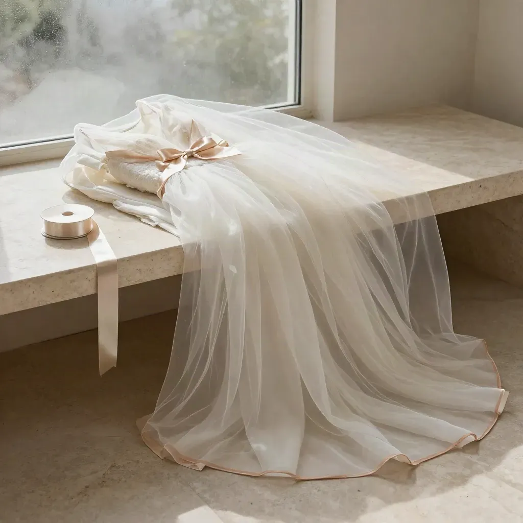 Ivory bridal tulle bundle with blush trim and champagne bows on pale stone
