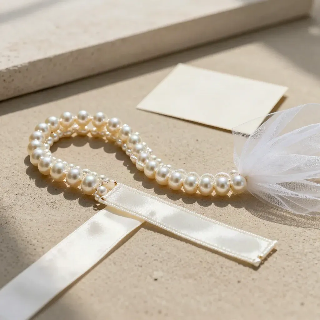 Pearl veil edge trim coil with satin offcut and tulle fold on a concrete slab