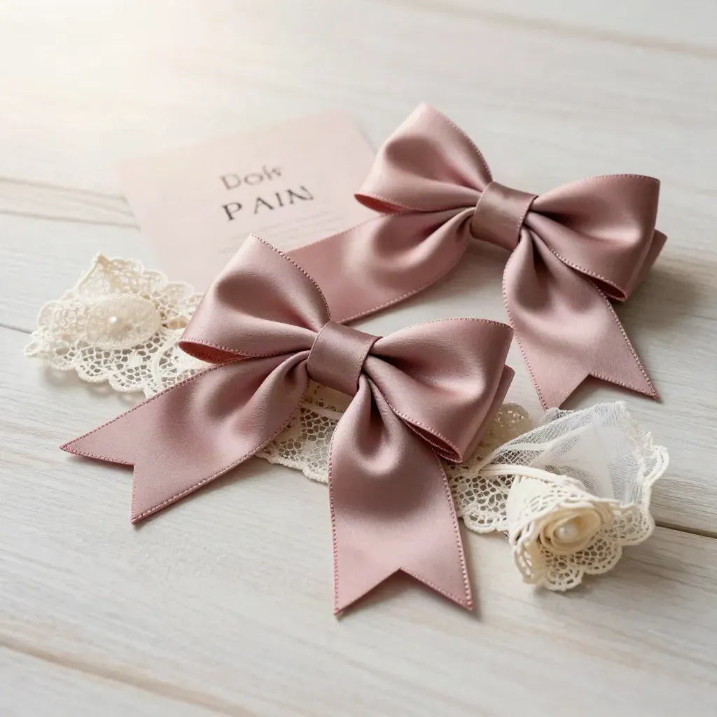 Top-down dusty rose bow set with lace scrap and veil fold on pale wood